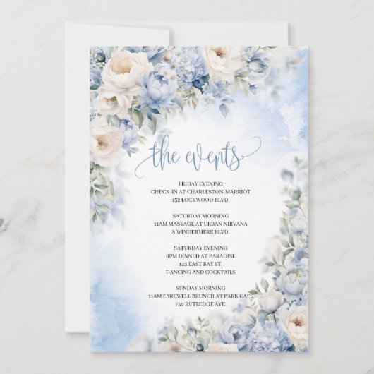 ボホエレガント冬ほこりっぽい青とアイボリーの花 招待状 (裏面)