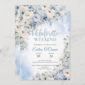 ボホエレガント冬ほこりっぽい青とアイボリーの花 招待状 (正面/裏面)