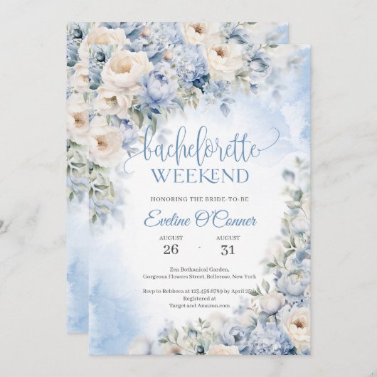 ボホエレガント冬ほこりっぽい青とアイボリーの花 招待状 (正面/裏面)