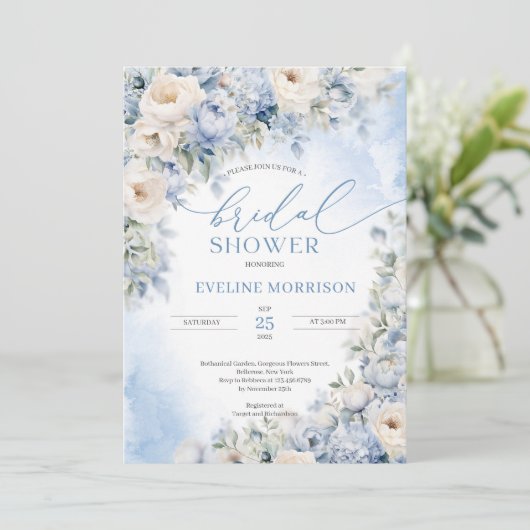 ボホエレガント冬ほこりっぽい青とアイボリーの花 招待状 (スタンド正面)