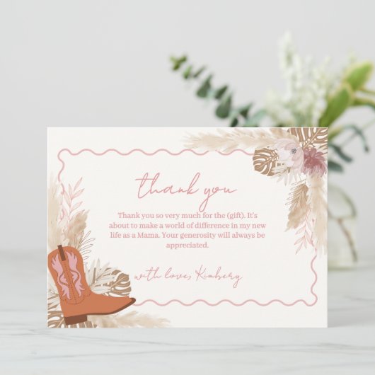 ボホエレガント女性のカーボーイブーツパンパスベビーシャワー サンキューカード (スタンド正面)