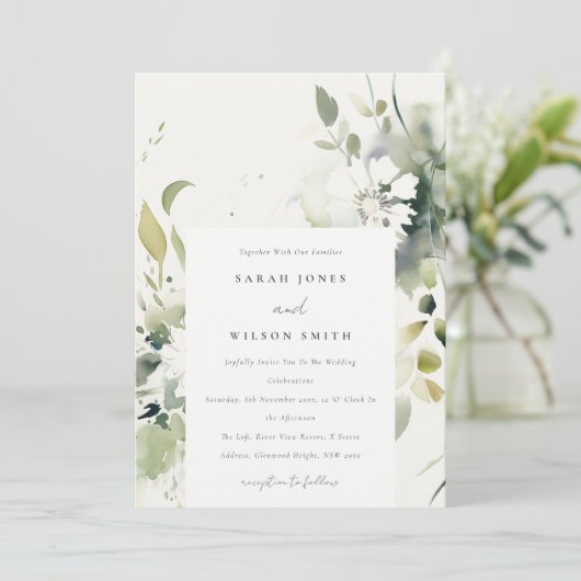 ボホエレガント抽象芸術グリーンホワイトフローラ結婚ズ 招待状 (スタンド正面)