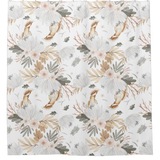 ボホエレガント水彩花と鳥 シャワーカーテン (正面)