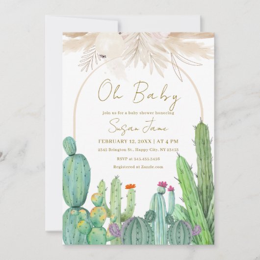 ボホエレガント砂漠サボテンのアーチ赤ちゃんシャワー 招待状 (正面)