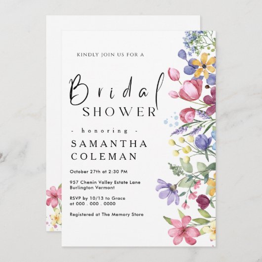 ボホエレガント素朴ワイルドフラワーブライダルシャワー 招待状 (正面/裏面)