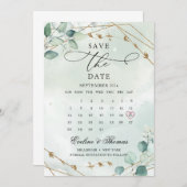 ボホエレガント緑の葉の金ゴールド幾何学的 セーブザデート (正面/裏面)