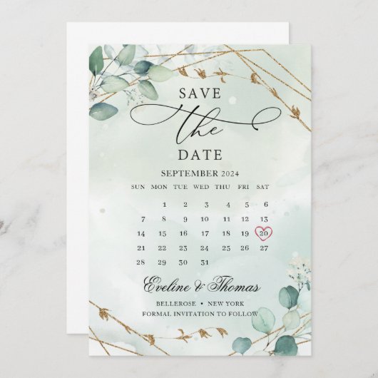 ボホエレガント緑の葉の金ゴールド幾何学的 セーブザデート (正面/裏面)