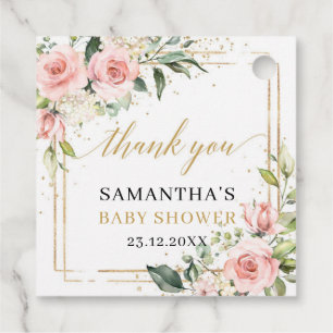 ボホエレガント赤面ピンクのバラ緑ベビーシャワー フェイバータグ