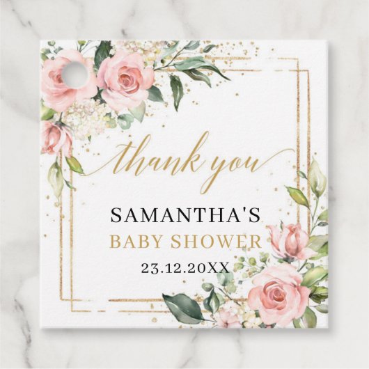 ボホエレガント赤面ピンクのバラ緑ベビーシャワー フェイバータグ (正面)