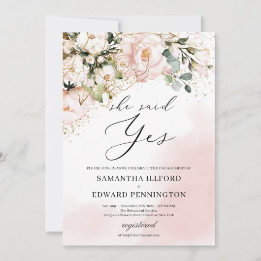 ボホエレガント赤面ピンクフローラ金ゴールド彼女はyes 招待状 (正面)