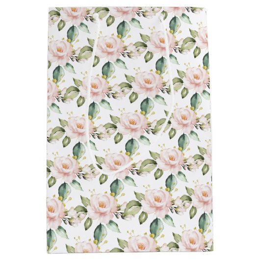 ボホエレガント赤面ピンクローズ緑金ゴールド ミディアムペーパーバッグ (正面)