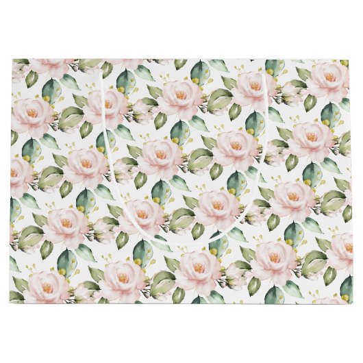 ボホエレガント赤面ピンクローズ緑金ゴールド ラージペーパーバッグ (正面)