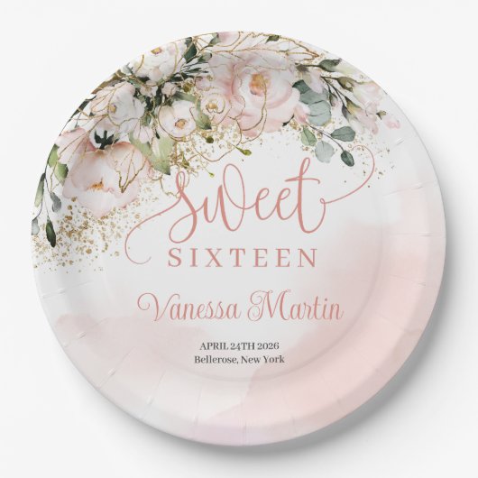 ボホエレガント赤面ピンクローズ金ゴールドsweet sixteen ペーパープレート (正面)