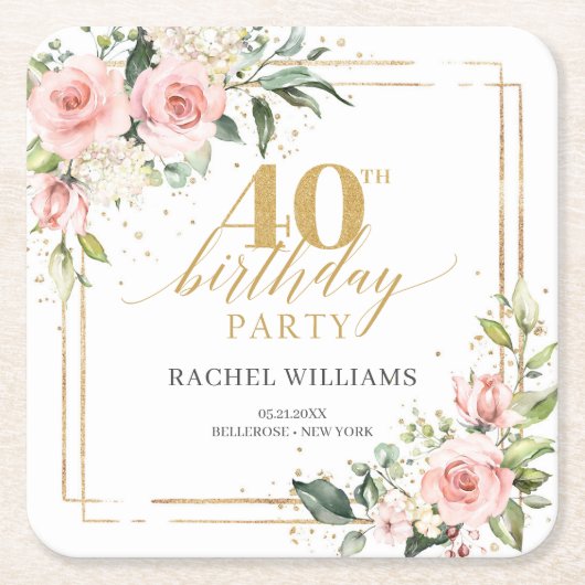 ボホエレガント赤面ピンクローズ40歳の誕生日 スクエアペーパーコースター (正面)