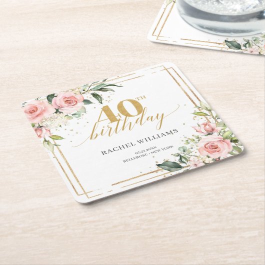 ボホエレガント赤面ピンクローゼグリーン40歳 スクエアペーパーコースター (アングル)