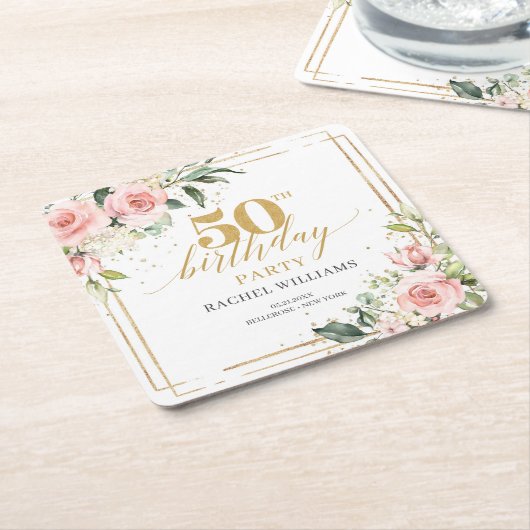 ボホエレガント赤面ピンクローゼグリーン50歳 スクエアペーパーコースター (アングル)