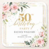 ボホエレガント赤面ピンクローゼグリーン50歳 スクエアペーパーコースター (正面)