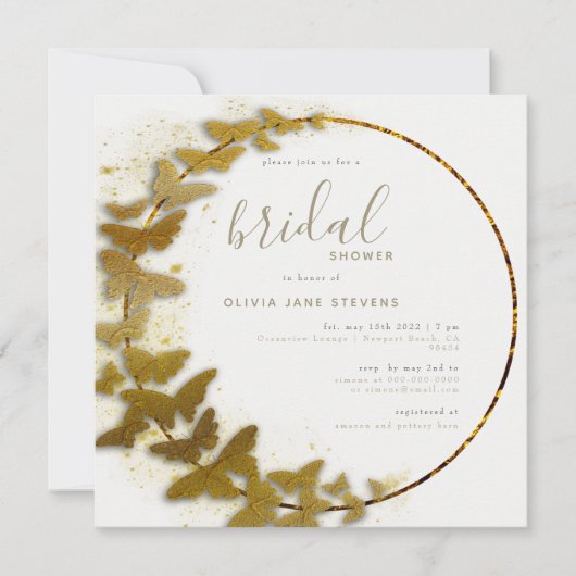 ボホエレガント金ゴールドバタフライリースブライダルシャワー 招待状 (正面)