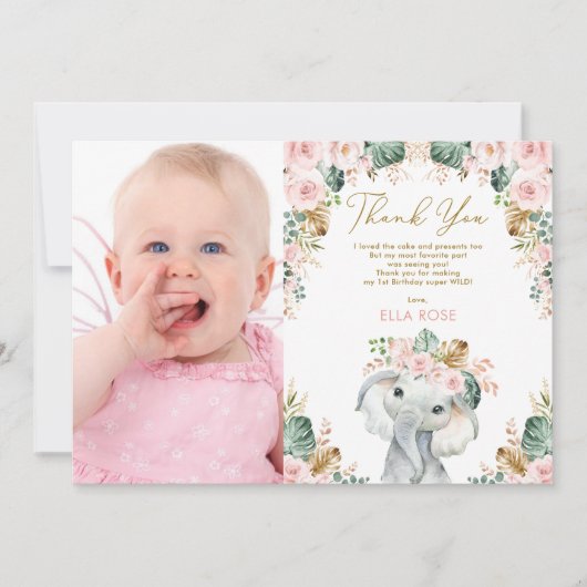 ボホエレファかわいらしントガールピンクフローラ誕生日 サンキューカード (正面)