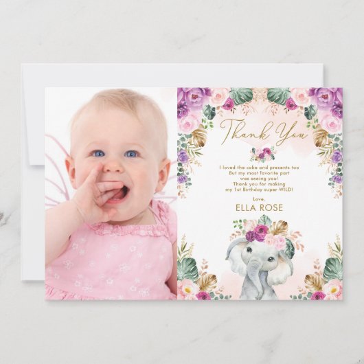 ボホエレファントガールピンクパープルフローラ誕生日 サンキューカード (正面)