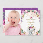 ボホエレファントガールピンクパープルフローラ誕生日 サンキューカード (正面/裏面)