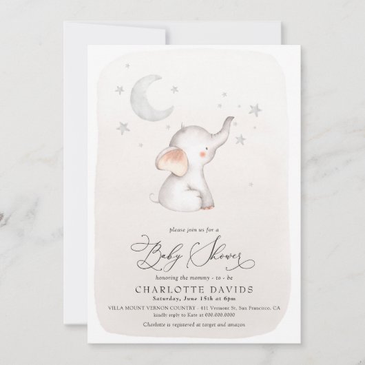 ボホエレファントスターズムーンベージュニュートラルベビーシャワー 招待状 (正面)