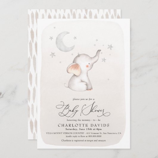 ボホエレファントスターズムーンベージュニュートラルベビーシャワー 招待状 (正面/裏面)