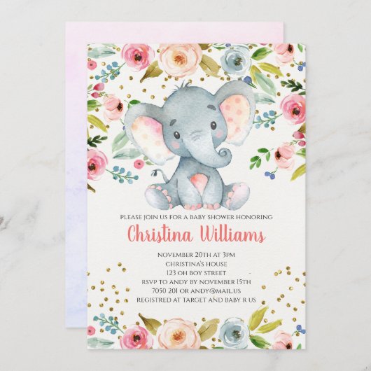 ボホエレファントピンクガールベビーシャワー水彩 招待状 (正面/裏面)