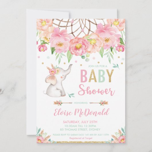 ボホエレファントベビーシャワーガールピンクミントフローラ 招待状 (正面)
