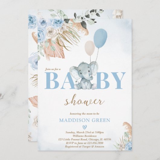 ボホエレファントベビージャーシャワー 招待状 (正面/裏面)