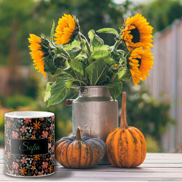 ボホオレンジピンク花水彩模様ブラック コーヒーマグカップ