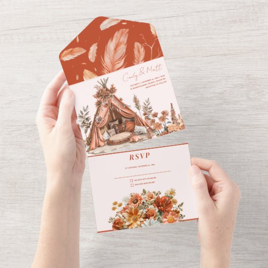 ボホオレンジフラワーオールインワン結婚式招待状 オールインワン招待状 (貼ってはがせる)