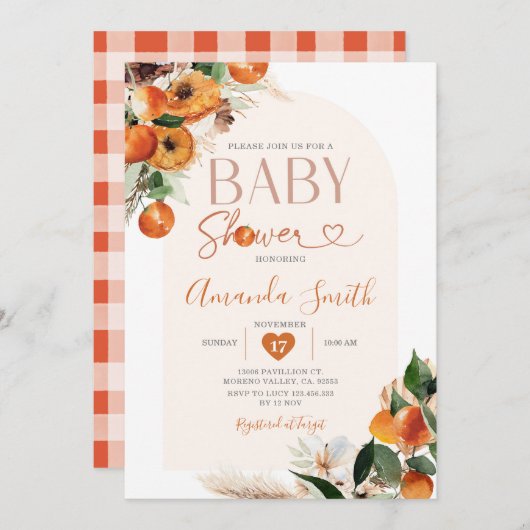 ボホオレンジベビーシャワーサマートロピカルフローラ 招待状 (正面/裏面)