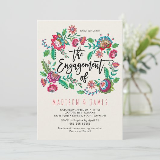 ボホオレンジ&ターコイズストライプフローラ婚約 招待状 (スタンド正面)