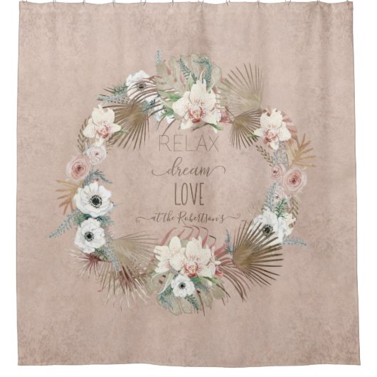 ボホオーキッドトロピカルパームリーフリース赤面ピンク シャワーカーテン (正面)