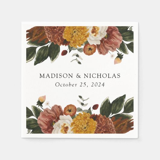 ボホオータムパーソナライズされたフローラ結婚ズ スタンダードカクテルナプキン (正面)