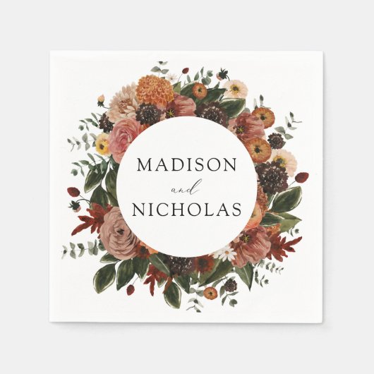 ボホオータムフローラパーソナライズされたリース結婚ズ スタンダードカクテルナプキン (正面)