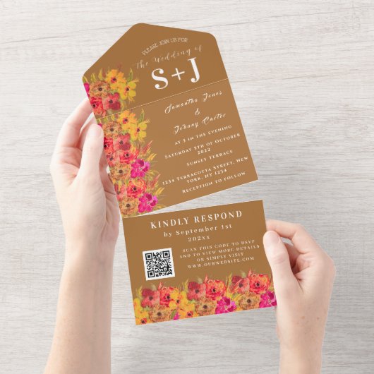 ボホオ素朴レンジテラコッタフローラ結婚式RSVP オールインワン招待状 (貼ってはがせる)