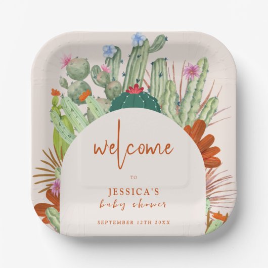 ボホカクタスアーチデザートパンパスベビーシャワーウェルカム ペーパープレート (正面)