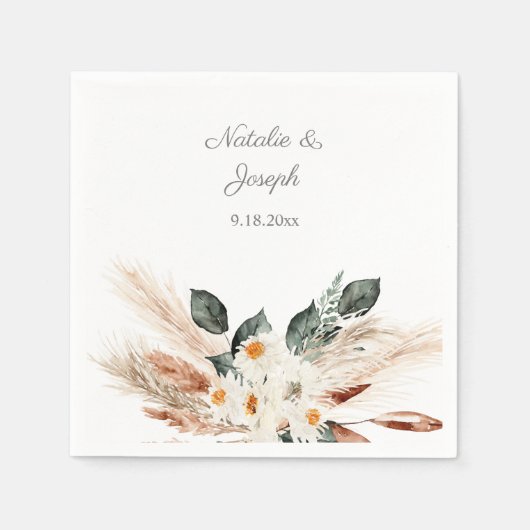 ボホカッパーパンパス&ベージュフローラ – ホワイトナプキンス スタンダードカクテルナプキン (正面)