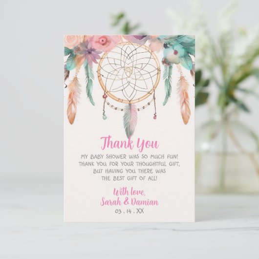 ボホカラフルウオータカラー夢のキャッチャー赤ちゃんシャワー サンキューカード (スタンド正面)