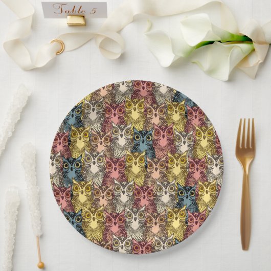ボホカラフルウッドランドフクロウ模様 ペーパープレート (ウェディング)