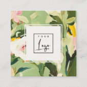 ボホカラフルグリーンピンク絵を描フローラロゴ スクエア名刺 (正面)