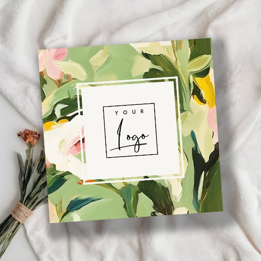 ボホカラフルグリーンピンク絵を描フローラロゴ スクエア名刺