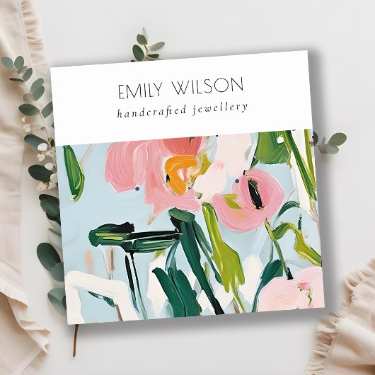 ボホカラフルピンクブルー絵を描フローライヤリング スクエア名刺