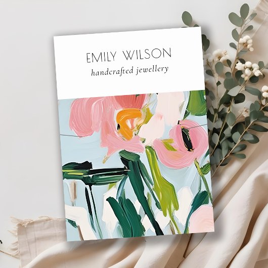 ボホカラフルピンクブルー絵を描フローラネックレス 名刺