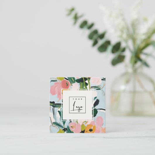 ボホカラフルピンクブルー緑絵を描フローラロゴ スクエア名刺 (スタンド正面)