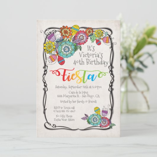 ボホカラフルフローラメキシカンフィエスタ誕生日 招待状 (スタンド正面)