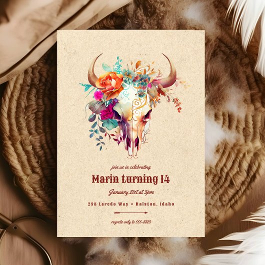 ボホカラフルフローラ牛スカル誕生日パーティー 招待状