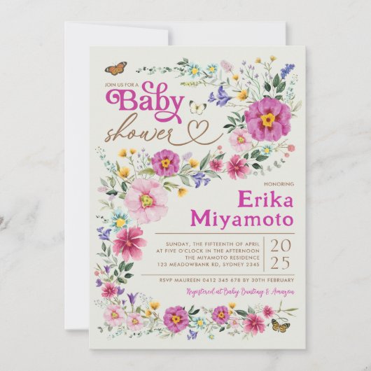 ボホカラフルワイルドフラワー蝶の赤ちゃんシャワー 招待状 (正面)